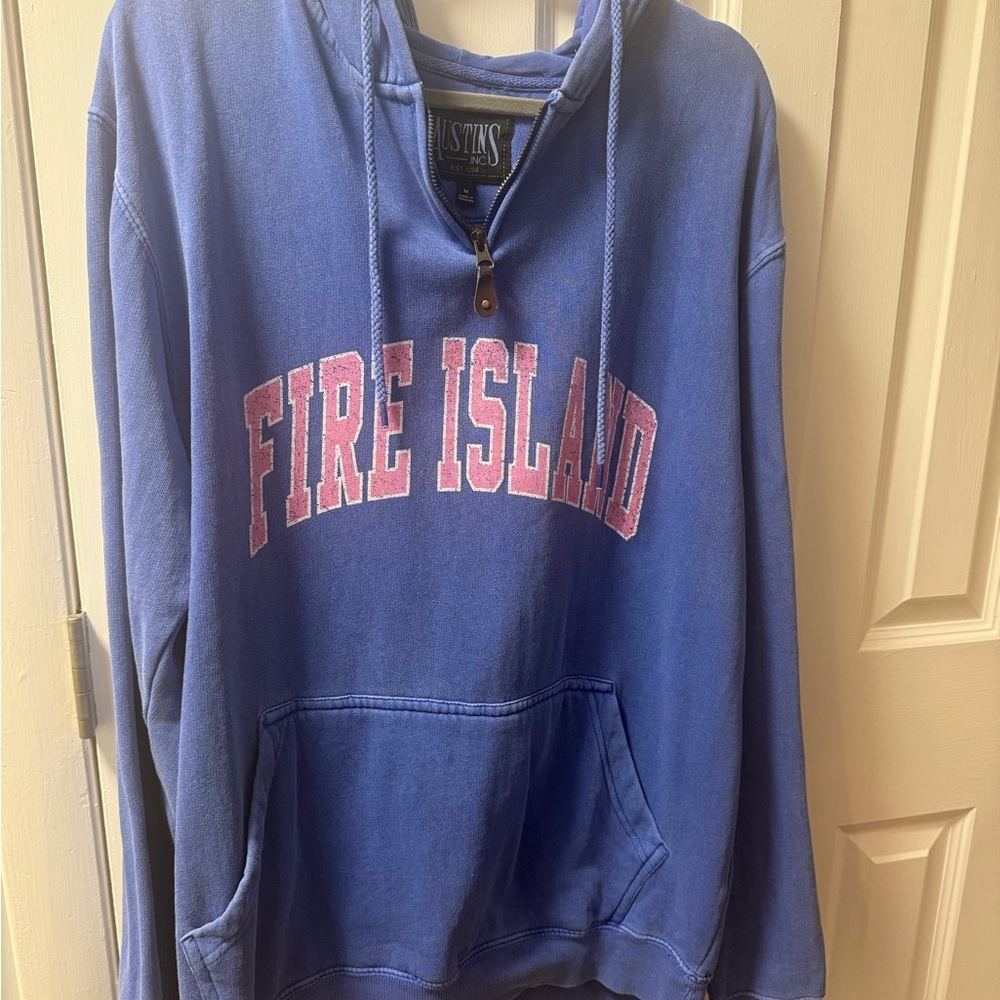Blue Hoodie with Pink Fire Island Print EUC size medium. Can be men’s or women’s